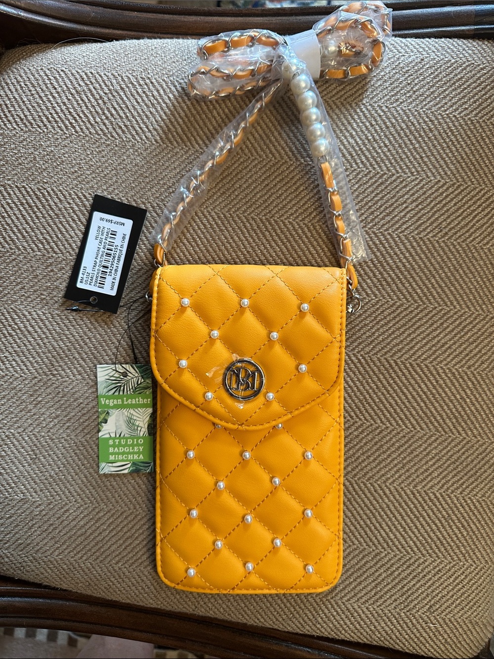 Badgley Mischka Quilted Yellow Pearl-Accented Phone Crossbody
